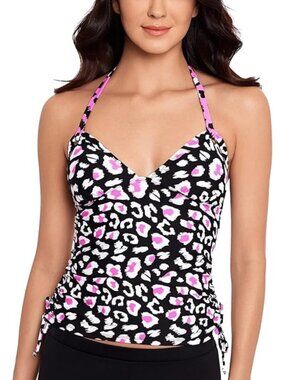 Salt + Cove Womens Shirred-Side Halter Tankini Top Black Pink Swim Size L NEW